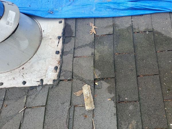 Hail-Damage-Roof-Cartersville-GA-Georgia-1 | Rise Residential Roofing Roof with asphalt shingles, a vent pipe base, and a blue tarp; small leaf and a broken piece of debris on the shingles nearby.